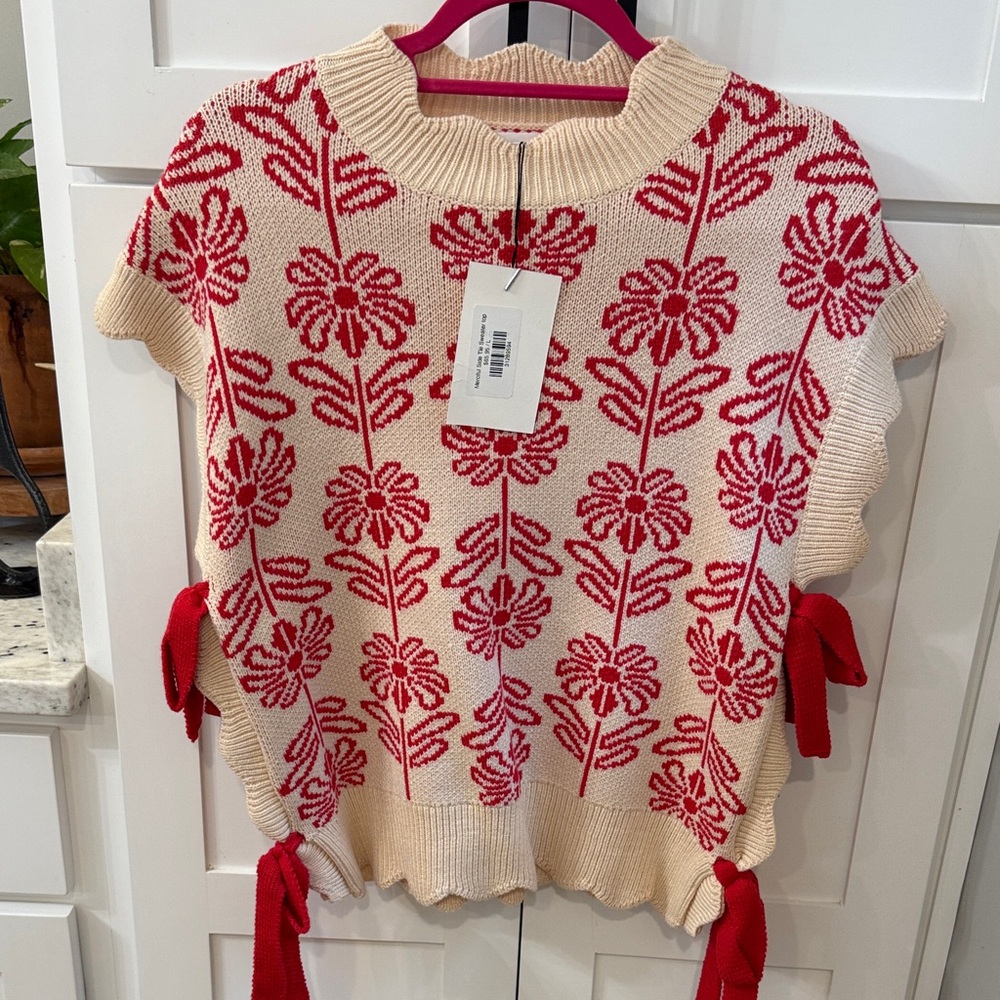 Red and Cream Floral Sweater with Bows